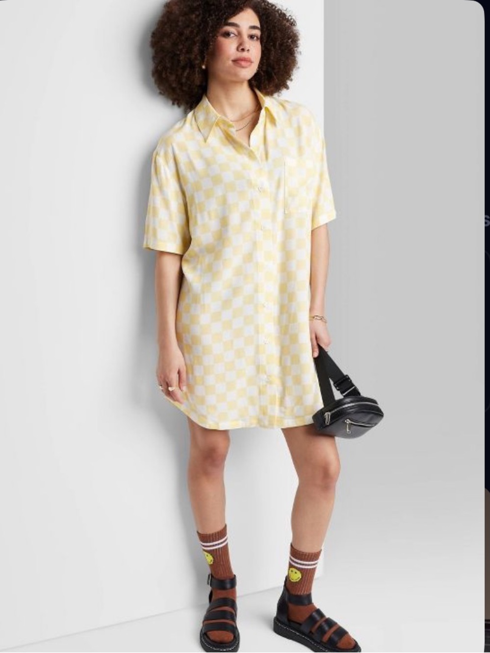 Ascot & Hart Yellow and White Checkered Button-Up Shirt Dress